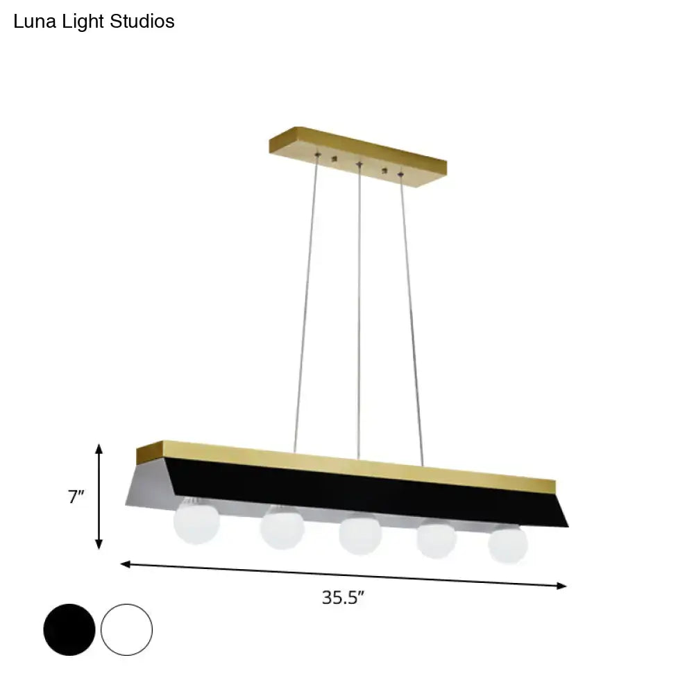 Modern gold & wood pendant light with black & white shade dining room