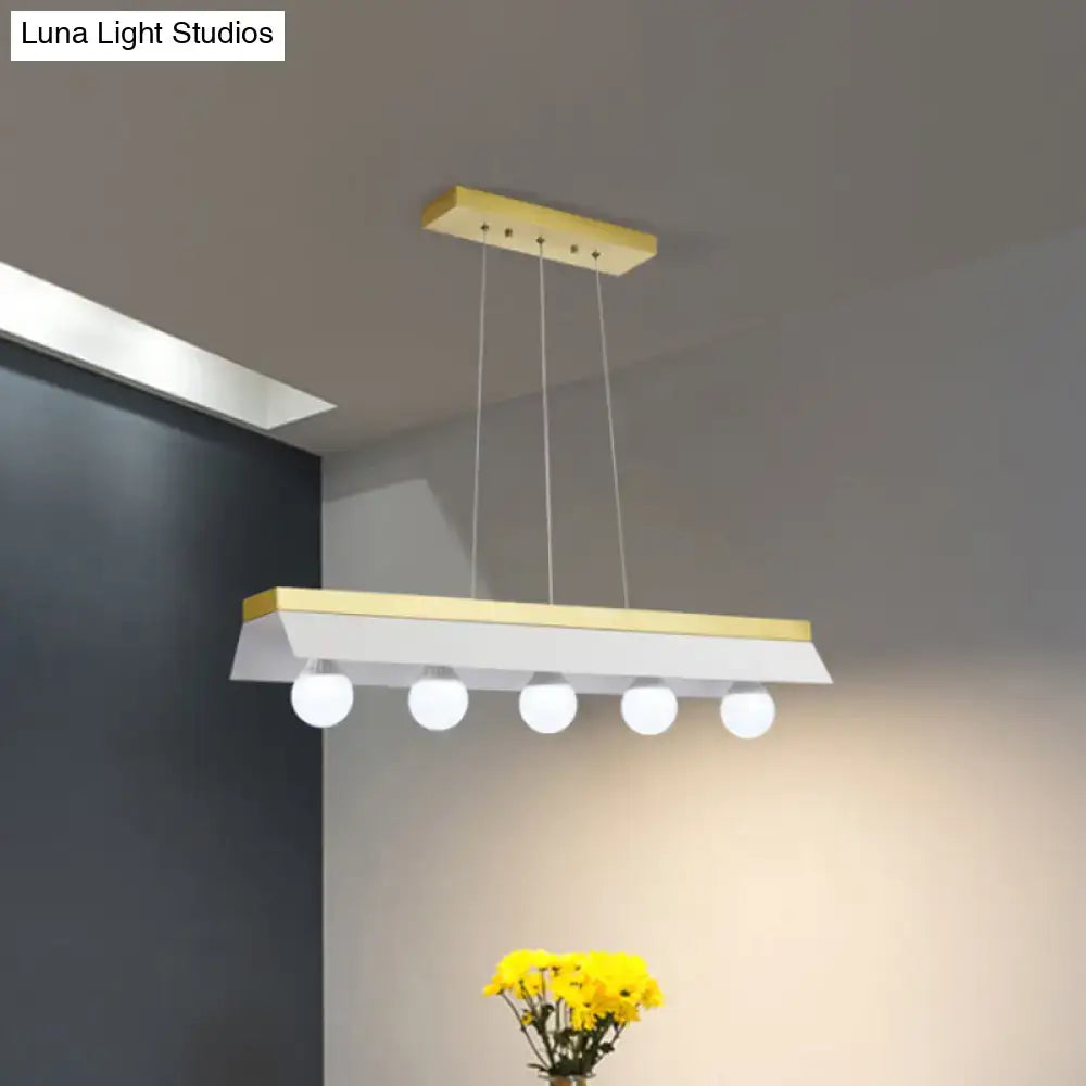 Modern gold & wood pendant light with black & white shade dining room