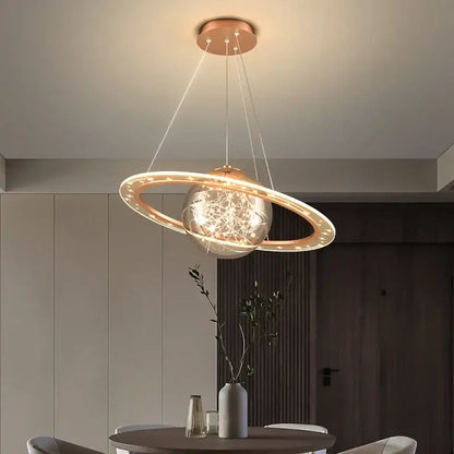 Modern golden acrylic led chandelier bedroom planet pendant light