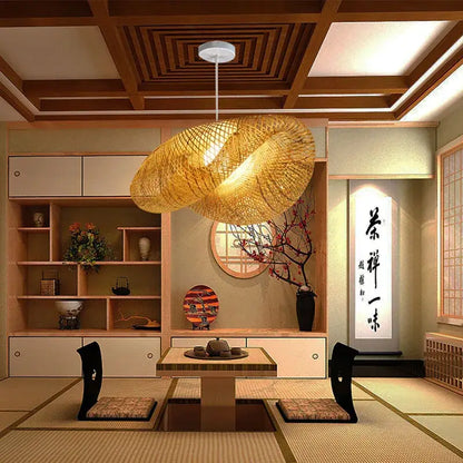 Modern golden bamboo woven chandelier tea room pendant light