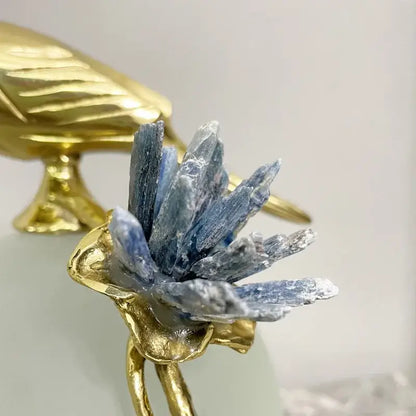 Modern golden bird brass sculpture living room decor with blue crystal