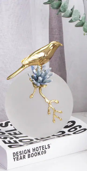 Modern golden bird brass sculpture living room decor with blue crystal