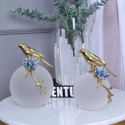 Modern golden bird brass sculpture living room decor with blue crystal