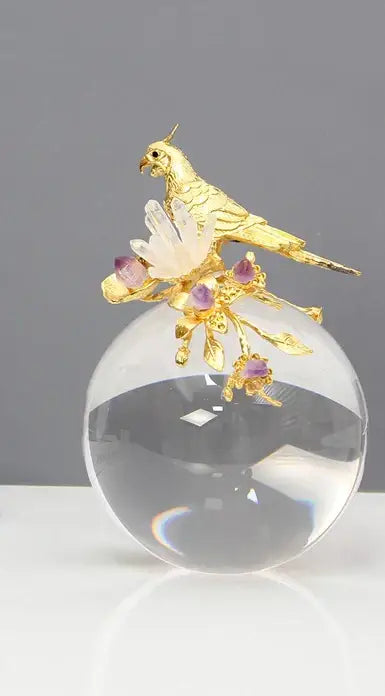 Modern golden bird brass sculpture living room decor with blue crystal
