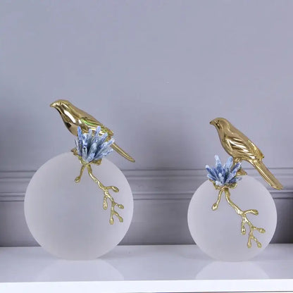 Modern golden bird brass sculpture living room decor with blue crystal
