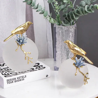 Modern golden bird brass sculpture living room decor with blue crystal