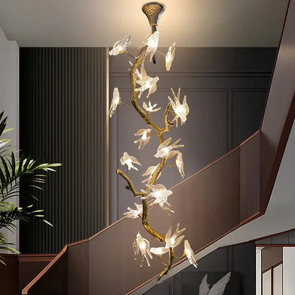 Modern golden bird crystal glass branch chandelier living room