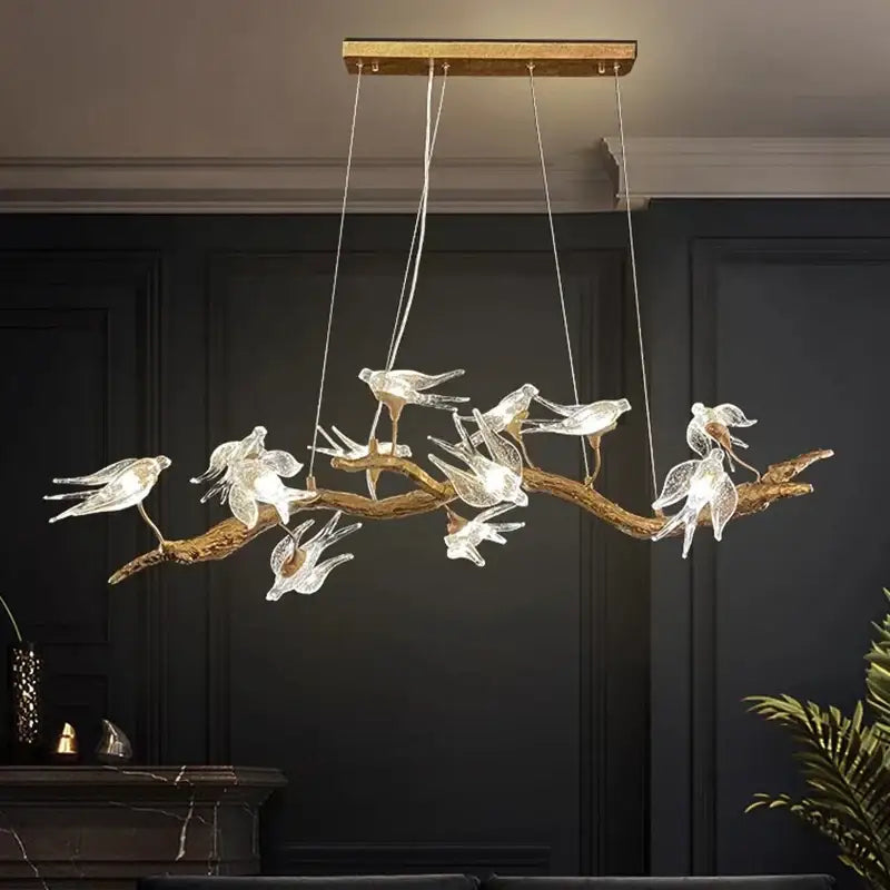 Modern golden bird crystal glass branch chandelier living room