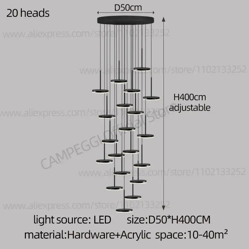 Modern golden black led long chandelier for staircase dining room