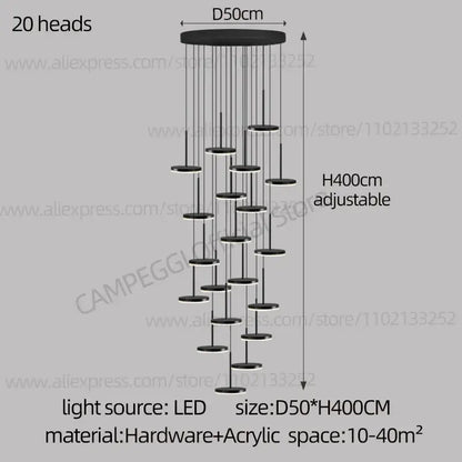 Modern golden black led long chandelier for staircase dining room