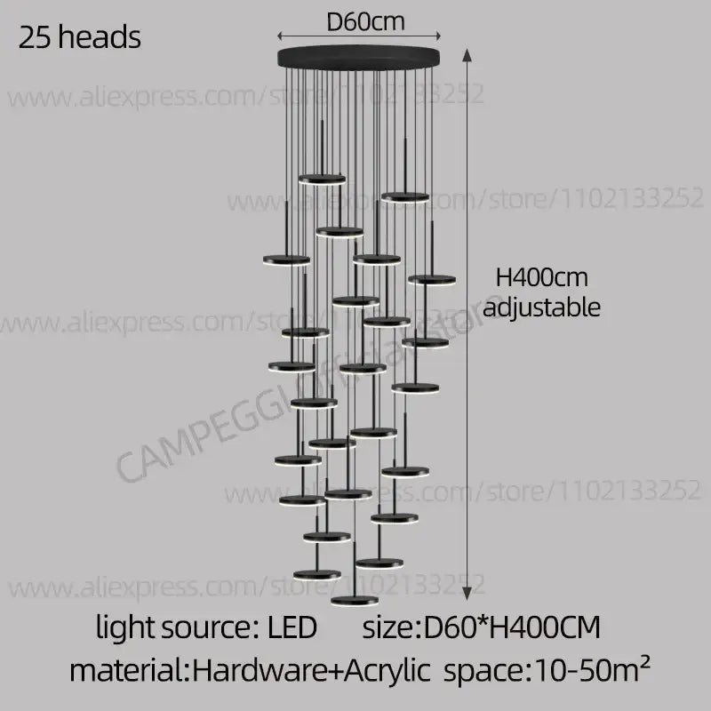 Modern golden black led long chandelier for staircase dining room
