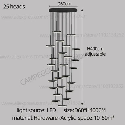 Modern golden black led long chandelier for staircase dining room