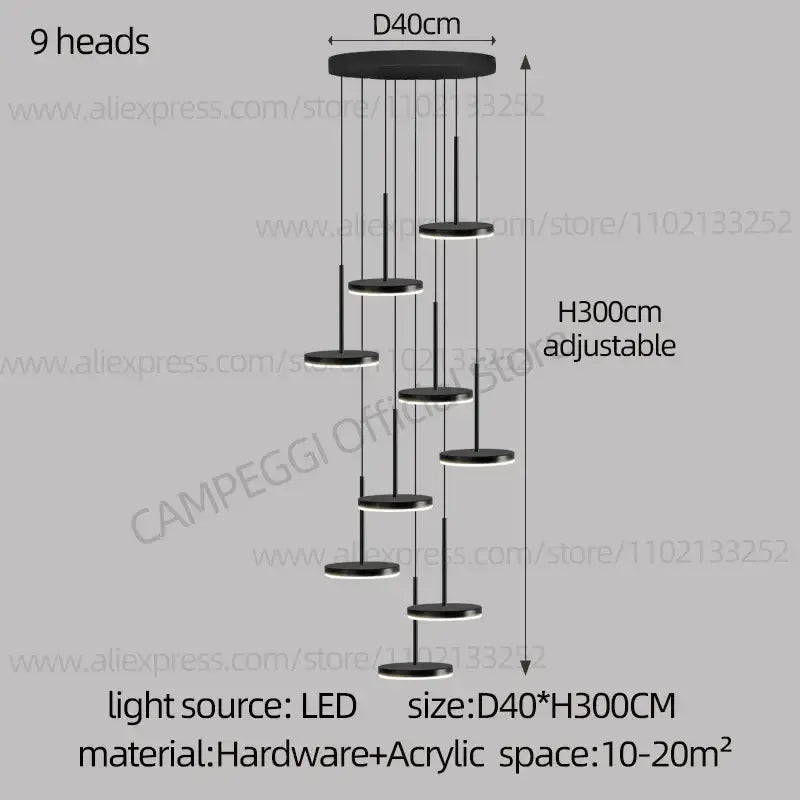 Modern golden black led long chandelier for staircase dining room