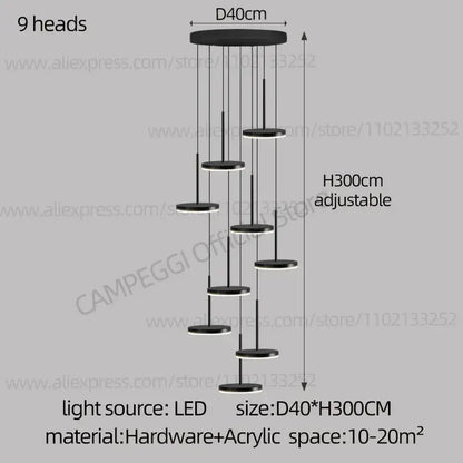 Modern golden black led long chandelier for staircase dining room
