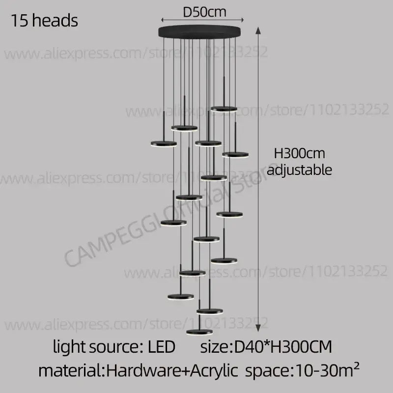 Modern golden black led long chandelier for staircase dining room