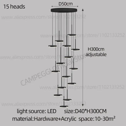 Modern golden black led long chandelier for staircase dining room