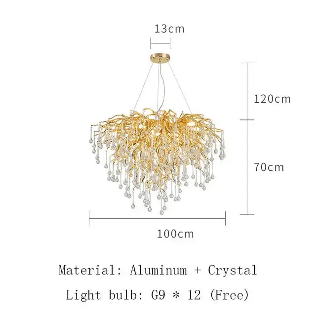Modern golden branch crystal led ceiling chandelier living room