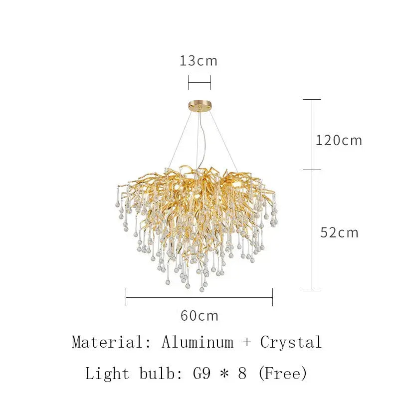 Modern golden branch crystal led ceiling chandelier living room