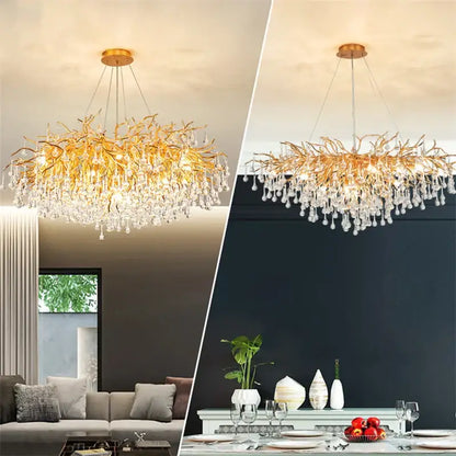 Modern golden branch crystal led ceiling chandelier living room