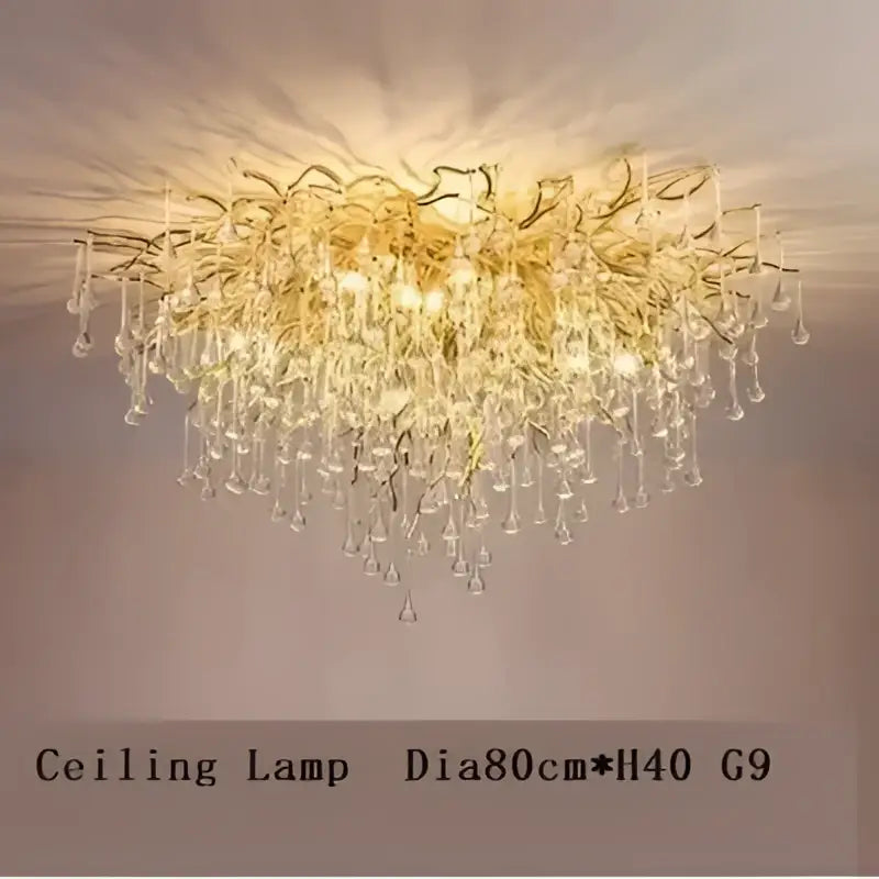 Modern golden branch crystal led living room water drop chandelier