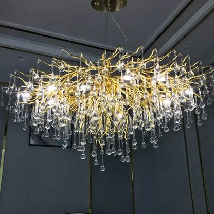 Modern golden branch crystal led living room water drop chandelier