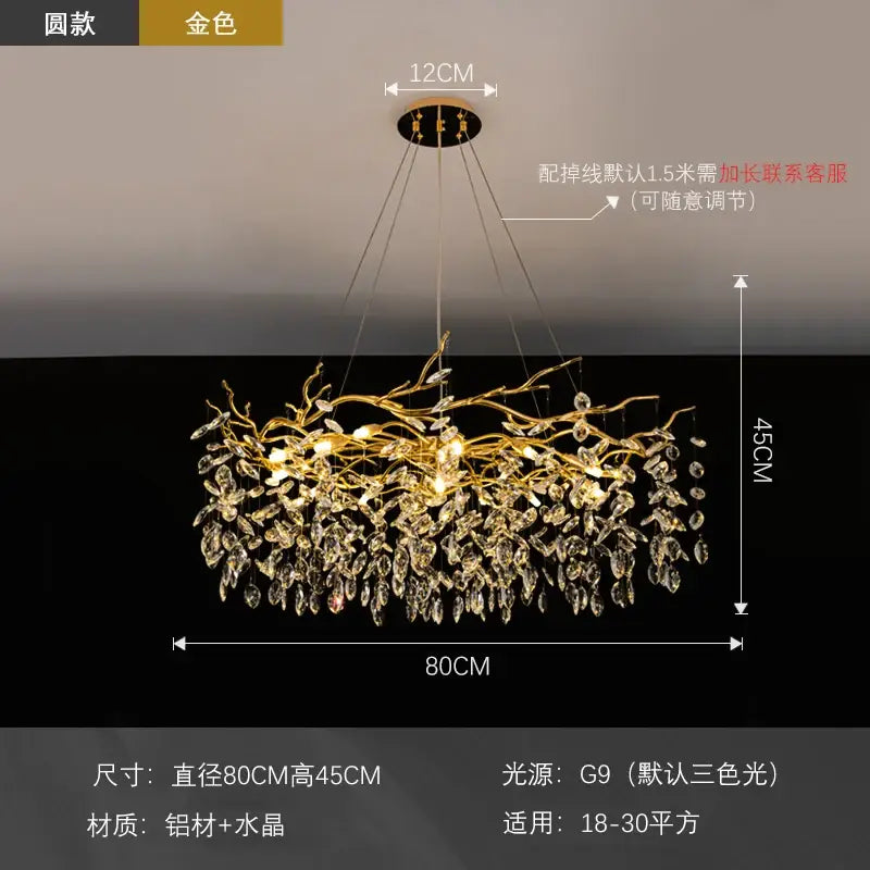 Modern golden branch led ceiling chandelier living room crystal light