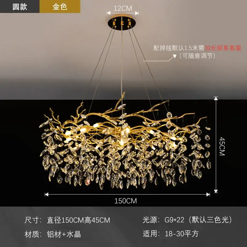Modern golden branch led ceiling chandelier living room crystal light