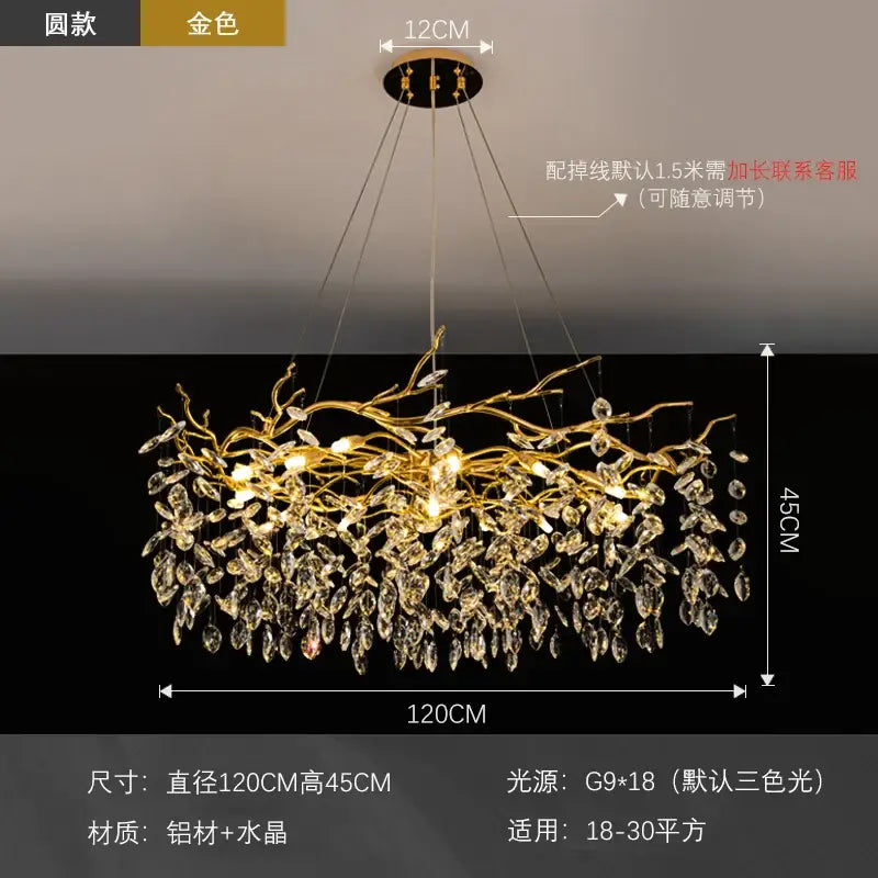 Modern golden branch led ceiling chandelier living room crystal light