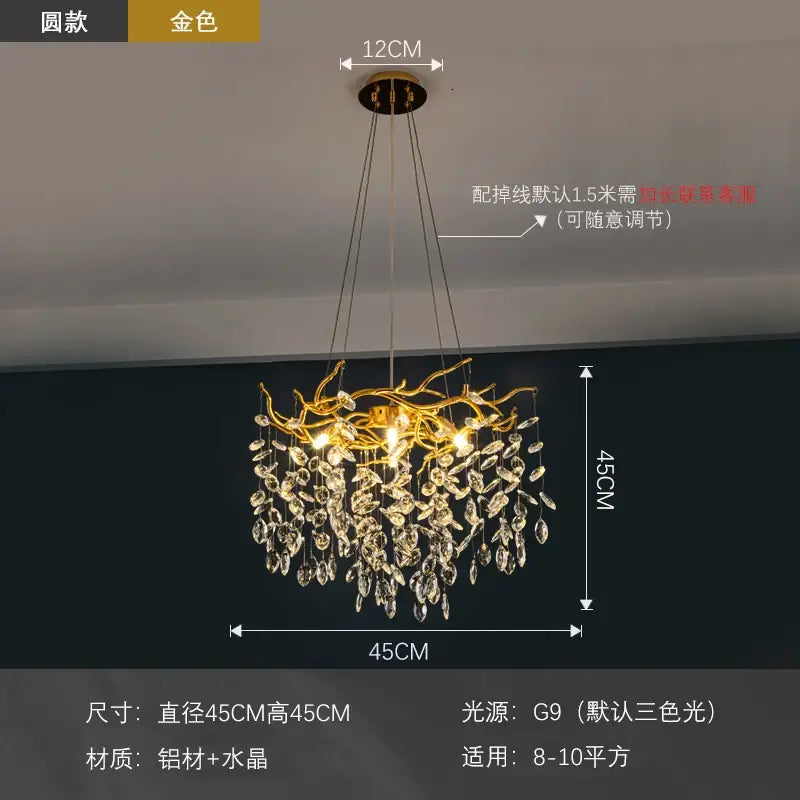 Modern golden branch led ceiling chandelier living room crystal light