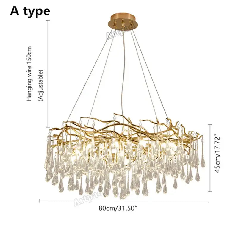 Modern golden branch led ceiling chandelier living room crystal light