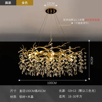 Modern golden branch led ceiling chandelier living room crystal light