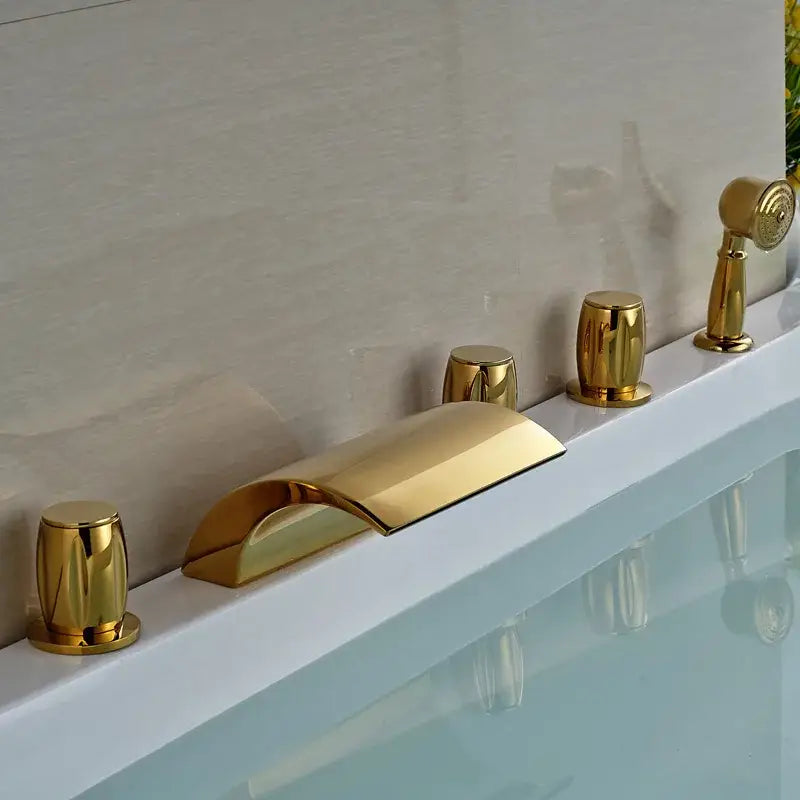 Modern golden brass bathtub faucet with handheld shower bathroom fixture