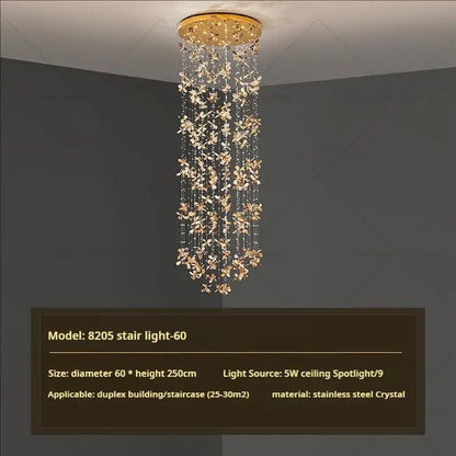 Modern golden butterfly crystal staircase chandelier stairwell light