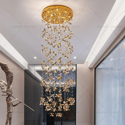 Modern golden butterfly crystal staircase chandelier stairwell light