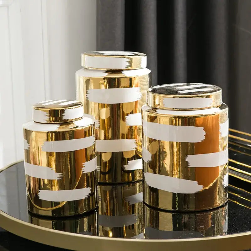 Modern golden ceramic striped jars 3 piece living room storage set