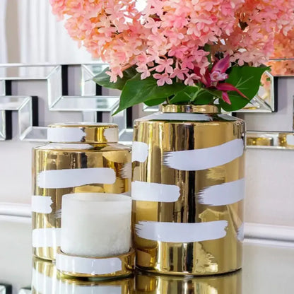 Modern golden ceramic striped jars 3 piece living room storage set