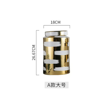 Modern golden ceramic striped jars 3 piece living room storage set