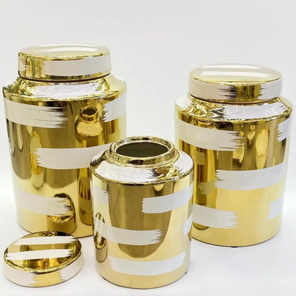 Modern golden ceramic striped jars 3 piece living room storage set