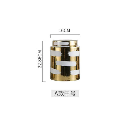 Modern golden ceramic striped jars 3 piece living room storage set
