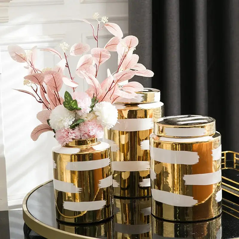 Modern golden ceramic striped jars 3 piece living room storage set