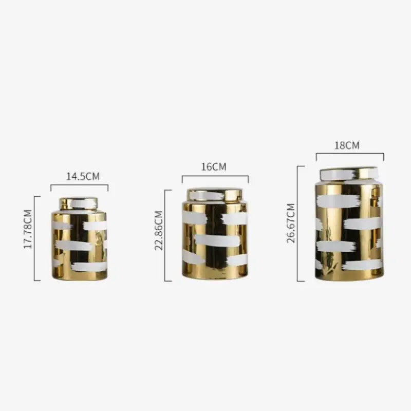 Modern golden ceramic striped jars 3 piece living room storage set