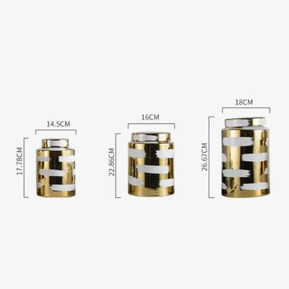 Modern golden ceramic striped jars 3 piece living room storage set