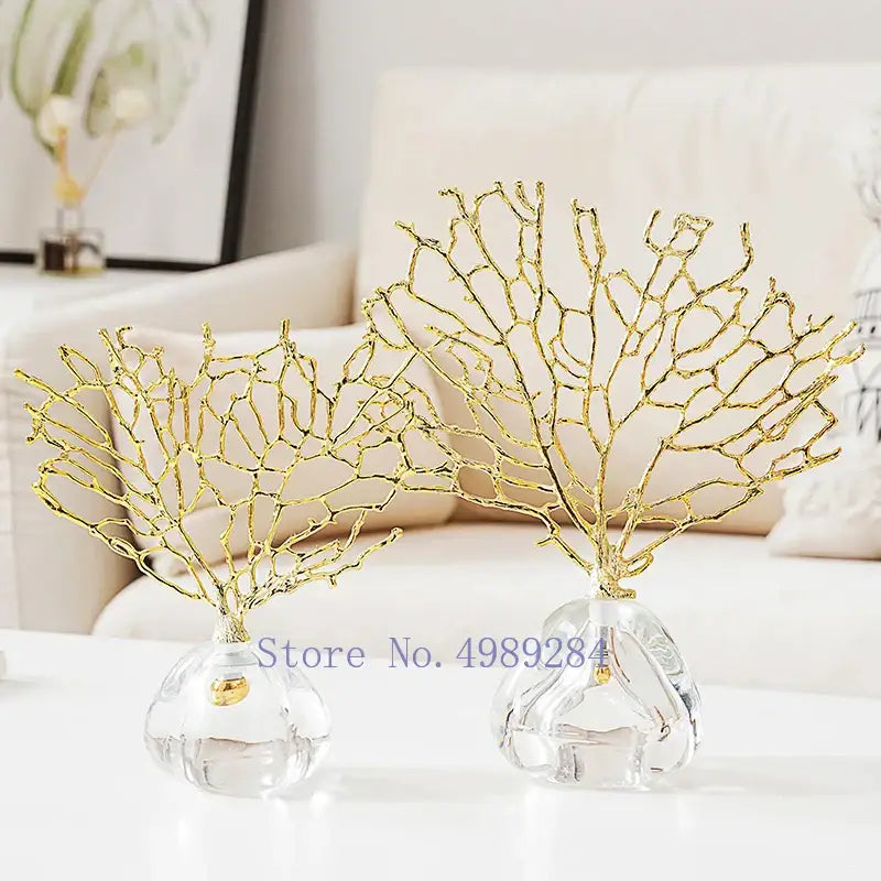 Modern golden coral crystal sculpture living room home decor