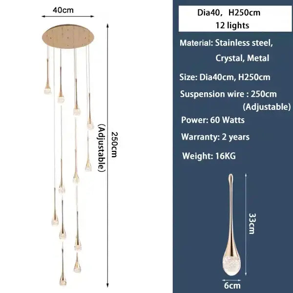Modern golden crystal led staircase chandelier for lobby lighting