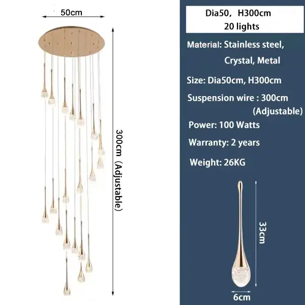 Modern golden crystal led staircase chandelier for lobby lighting