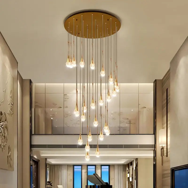 Modern golden crystal led staircase chandelier for lobby lighting