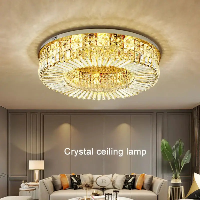 Modern golden crystal ring led ceiling lamp living room