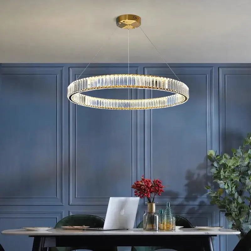 Modern golden double ring crystal led ceiling chandelier dining room