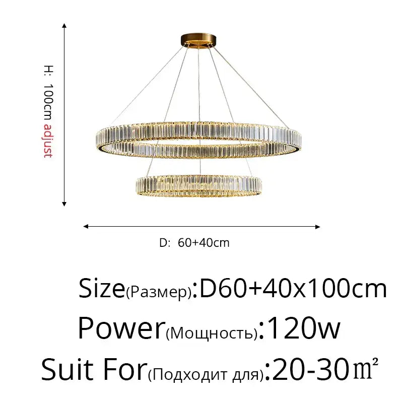 Modern golden double ring crystal led ceiling chandelier dining room