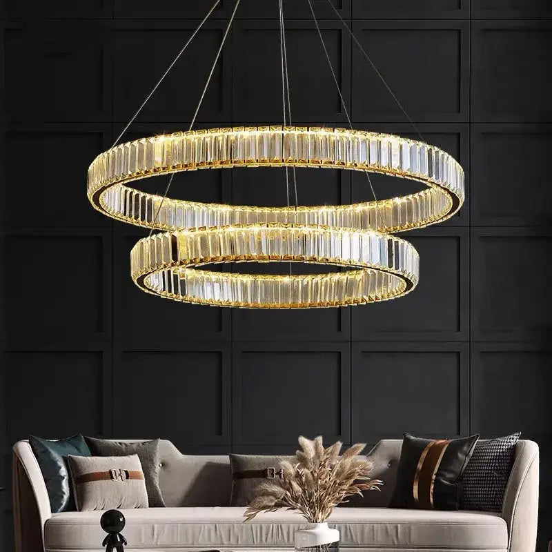 Modern golden double ring crystal led ceiling chandelier dining room